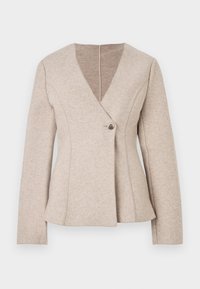 Beige jas van een wolmix met een V-hals, lange mouwen en een sluiting met één knoop. Het heeft getailleerde naden en een uitlopende zoom.