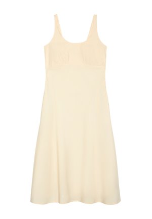 Robe crème sans manches mi-longue avec un corsage ajusté et une jupe légèrement évasée, présentée sur fond blanc.