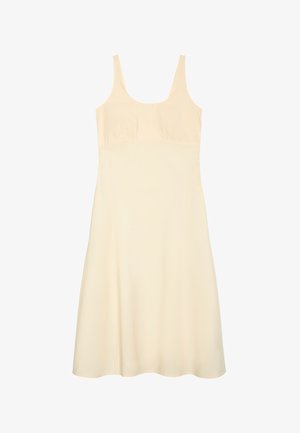 Robe crème sans manches mi-longue avec un corsage ajusté et une jupe légèrement évasée, présentée sur fond blanc.