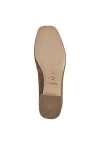 Bruine suède schoenzool met een gladde, gestructureerde oppervlakte. Beschikt over een rubberen antislip grip en ingedrukte branding op het hielgebied.