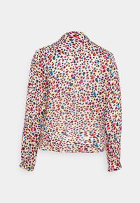 Long-sleeve, sheer blouse with a multicolor leopard print pattern on a light background. Features a classic collar and buttoned cuffs.