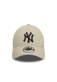 Casquette de baseball kaki avec logo NY noir brodé, lanière ajustable, tissu doux, visière incurvée et œillets de ventilation.