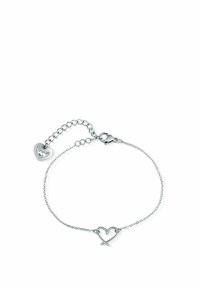 Stříbrný řetízek náramek s přívěskem ve tvaru srdce a sponou, který má strukturovaný design a malý akcent srdce se zigzagovou linií.