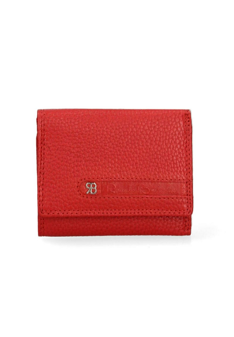 Rood leren portemonnee met een gestructureerde afwerking, voorzien van een logo-opdruk aan de voorkant en een opklapbaar ontwerp. Compacte, rechthoekige vorm.