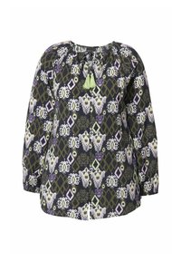 Camicia a maniche lunghe con bottoni, caratterizzata da una base nera decorata con motivi ornate verdi, lavanda e bianchi. Include un collo con fiocco e una nappina verde.