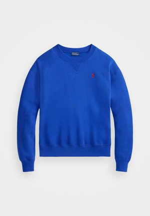 Felpa blu, realizzata in morbido tessuto, con colletto a girocollo, maniche lunghe e un piccolo logo rosso nella parte sinistra del petto.