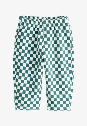 Grønne og hvide ternede shorts med elastisk taljebånd og sidelommer.