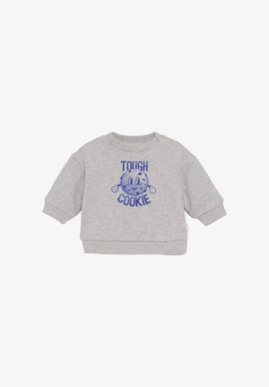 Szara bluza z okrągłym dekoltem i długimi rękawami, z niebieską grafiką uśmiechniętego ciastka oraz napisem "MOCNE CIASTKO."