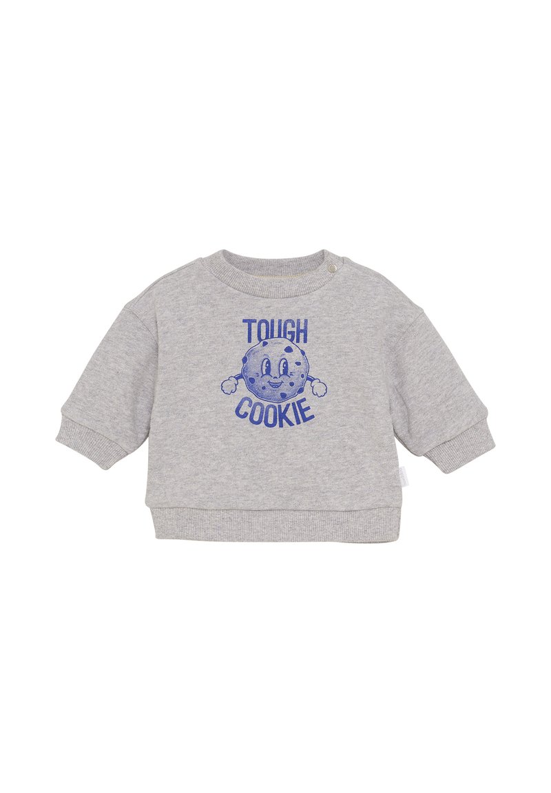 Szara bluza z okrągłym dekoltem i długimi rękawami, z niebieską grafiką uśmiechniętego ciastka oraz napisem "MOCNE CIASTKO."