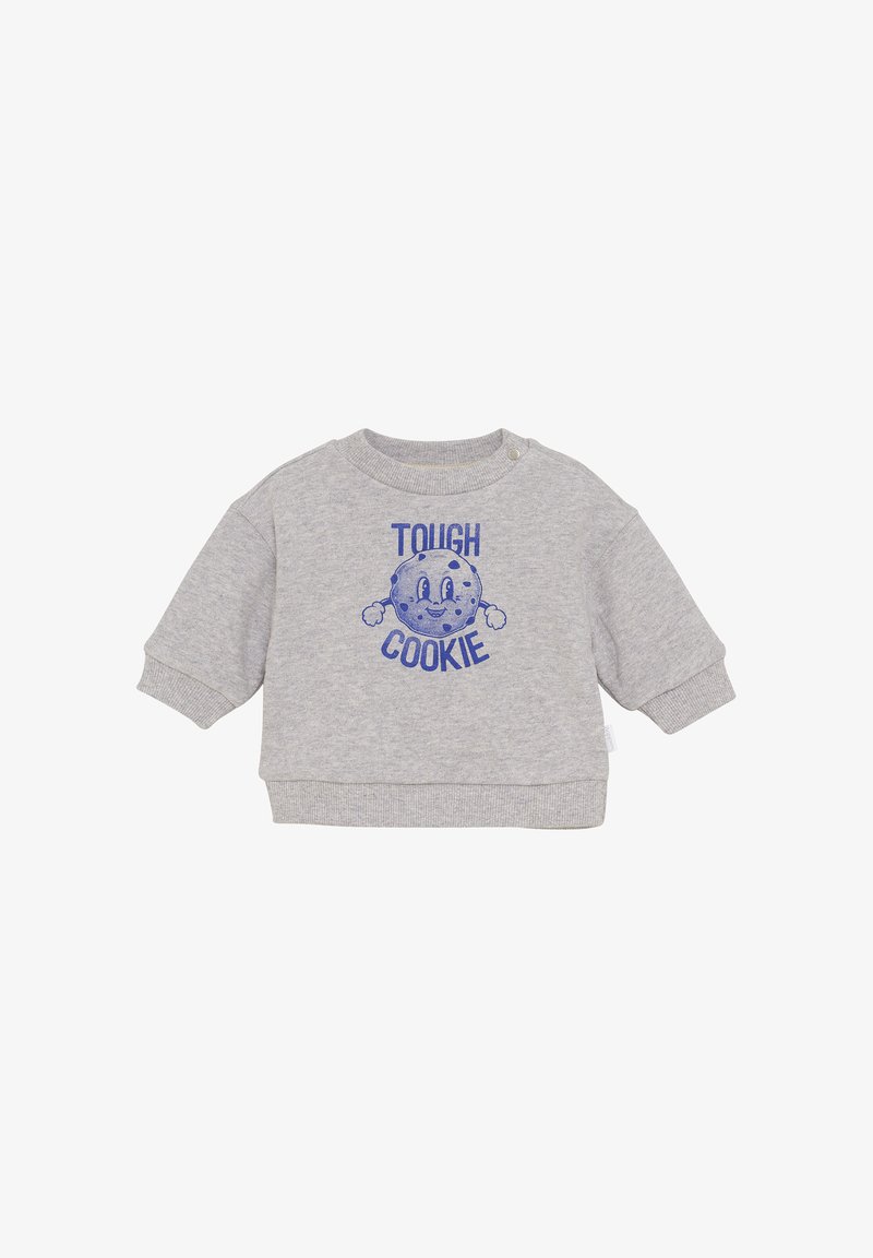 Szara bluza z okrągłym dekoltem i długimi rękawami, z niebieską grafiką uśmiechniętego ciastka oraz napisem "MOCNE CIASTKO."