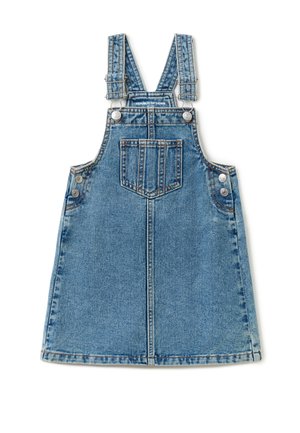 Vestido pichi de mezclilla azul con tirantes ajustables, bolsillo frontal en el pecho, cierres de botones de metal en los laterales y etiqueta "Republic of Denim".
