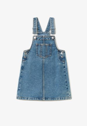 Niebieska sukienka ogrodniczka z denimu z regulowanymi ramiączkami, przednią kieszenią na piersi, metalowymi guzikami po bokach oraz metką "Republic of Denim".