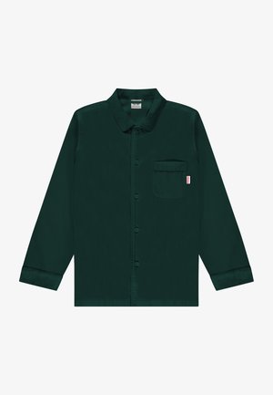 Langarmshirt van donkergroene stof, met een borstzak, knoopsluiting en een kraag. Soepele textuur met minimale accenten.