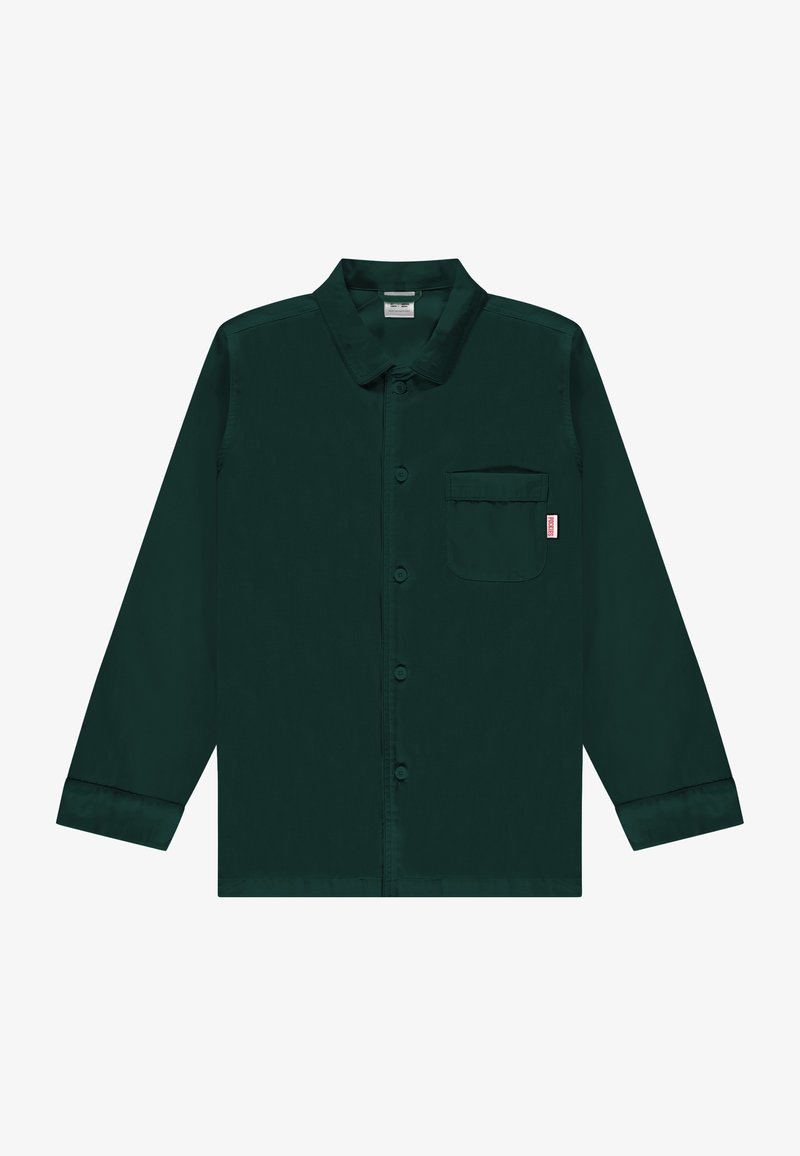 Koszula z długim rękawem w ciemnozielonym kolorze, z kieszonką z przodu, z zapięciem na guziki oraz kołnierzykiem. Gładka tekstura z minimalnymi akcentami.