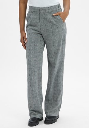 Pantalons à carreaux gris avec des jambes larges, fabriqués à partir d'un tissu texturé. Les caractéristiques incluent des poches latérales et une taille haute. Des chaussures noires complètent le look.