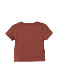 T-shirt z krótkim rękawem w kolorze rdzy, wykonany z miękkiej bawełny, z klasycznym okrągłym dekoltem i prostym tyłem bez nadruków czy wzorów.