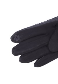 Guanti neri con una texture liscia, vestibilità aderente e un sottile motivo floreale sulle punte delle dita, con dettagli cuciti lungo i bordi.