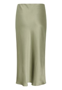 Jupe midi en satin vert olive clair, à la texture lisse et au léger éclat, avec une taille haute et un léger évasement à l'ourlet.