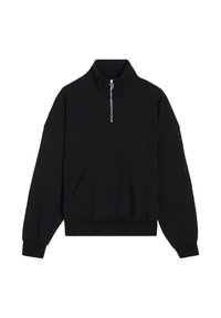 Sweatshirt noir avec un col haut, fermeture éclair quart, et poche kangourou. Présente des poignets et un ourlet côtelés. Tissu doux avec un détail de logo subtil.