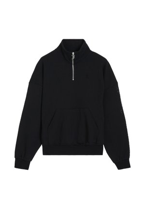 Schwarzer Sweatshirt mit hohem Kragen, Viertelreißverschluss und Kängurutasche. Mit gerippten Bündchen und Saum. Weicher Stoff mit dezentem Logo-Detail.