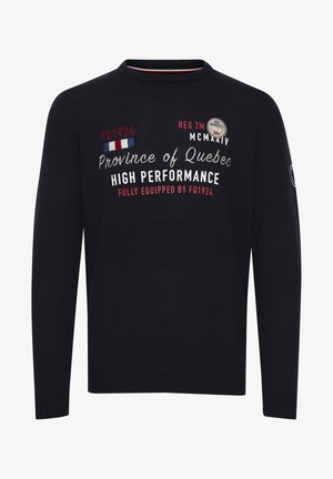 Černý svetr s kulatým výstřihem. Obsahuje bíle a červeně tištěný text a kulatou loga na levém rukávu. Hladké manžety a lemování.