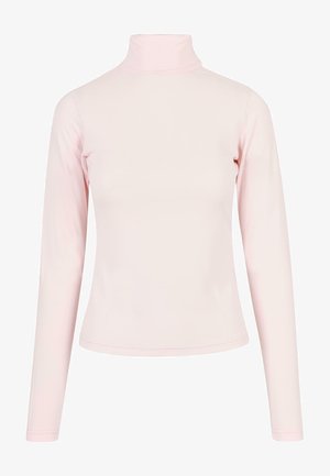 Gara piedurkņu, gaiši rozā turtlenecks bluze, kas izgatavota no gluda auduma ar pieguļošu dizainu un minimālu šuvju detaļu.