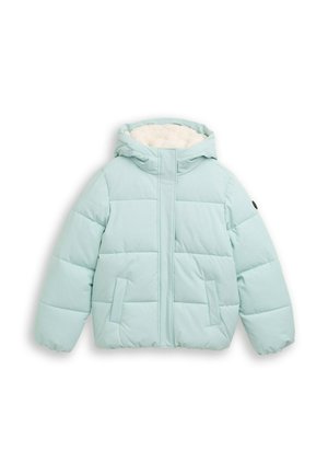Hellblaues Puffer-Jacke mit Kapuze, mit einem Reißverschluss, gestepptem Muster, seitlichen Taschen und einem weichen weißen Innenfutter.