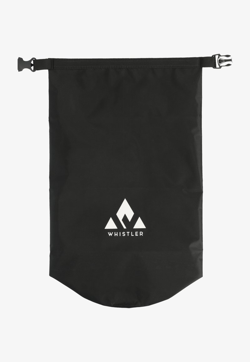 Sac étanche noir à enroulement avec boucle de libération latérale et logo blanc de Whistler représentant trois formes de montagnes.