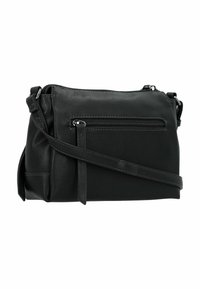 Schwarze Leder umhänge Tasche mit strukturiertem Finish, mit Reißverschluss ausgestattetem Hauptfach, vorderer Tasche und verstellbarem Tragegurt. Kompakte rechteckige Form.