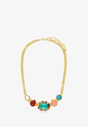 Collier chaîne en or avec de grosses pierres colorées incluant du turquoise, des perles rouges, roses et blanches disposées dans un motif central orné.