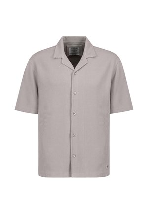 Light gray short-sleeve ribbed shirt with a notched collar and five front buttons, size medium, label "Sublevel" inside collar.