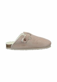 Suede slip-on slipper in light pink with a soft, cozy fur lining, featuring a side button detail and a flat, textured sole.