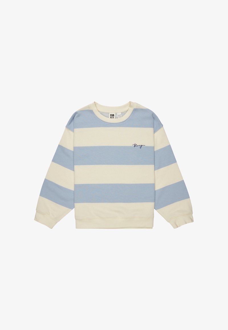 Ljusblå och krämfärgad randig sweatshirt med långa ärmar, rund hals och en liten marinblå logotyp broderad på bröstet. Mjuk bomullsblandning.