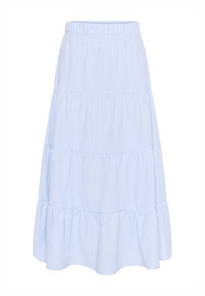 Svetlo modra in bela prugaasta bombažna krila s plastevnim dizajnom, elastičnim pasom in širokim robom. Mehka tekstura, dolžina do kolen.