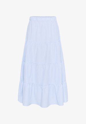 Svetlo modra in bela prugaasta bombažna krila s plastevnim dizajnom, elastičnim pasom in širokim robom. Mehka tekstura, dolžina do kolen.