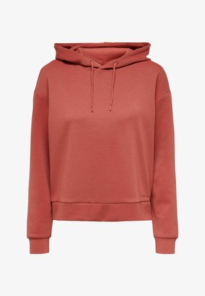 Rust-colored hoodie made from soft fabric, featuring a relaxed fit, drawstring hood, and ribbed cuffs and hem. Manufacturer logo on side.