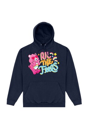 Granatowy hoodie z kieszenią z przodu. Zawiera różowego kreskówkowego misia oraz kolorowy napis "All the Feels". Miękka tkanina i swobodny fason.