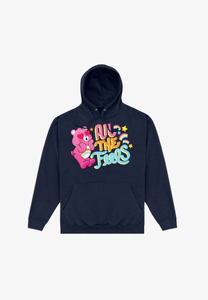 Dunkelblaues Hoodie mit einer Vordertasche. Mit einem rosa Cartoon-Bären und buntem Text "All the Feels". Weicher Stoff und lässiges Design.
