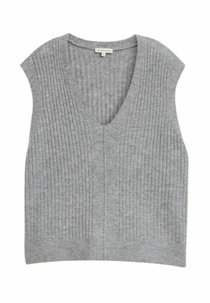 Vest gri tricotat cu textură cordonată, decolteu în V și mâneci scurte. Design simplu, fără închideri și tiv drept.
