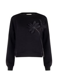 Felpa nera con maniche lunghe, scollo rotondo, caratterizzata da un motivo floreale nero in rilievo sul lato sinistro. Polsini e orlo a costine.