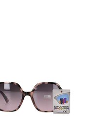 Gafas de sol de gran tamaño con montura marrón jaspeada, lentes gris degradado y una etiqueta que dice "CityVision Eyewear" con detalles de protección UV.