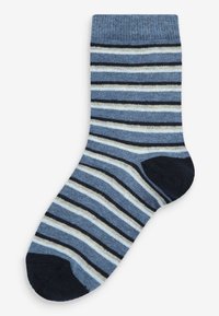 Calzini a strisce blu e navy con strisce più chiare blu e bianche, texture lavorata a maglia, punta e tallone scuri a contrasto. Design di lunghezza media, fino al polpaccio.