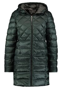 Vihreä puffatakki hupulla, jossa on tyylikäs tikattu kuvio, täysipitkä vetoketju ja pitkät hihat. Valmistettu kiiltävästä, kevyestä kankaasta.