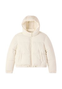 Kurtka puchowa w kolorze off-white, z kapturem, przednim zamkiem błyskawicznym, dwiema bocznymi kieszeniami oraz skróconym dołem z regulowanymi sznurkami.