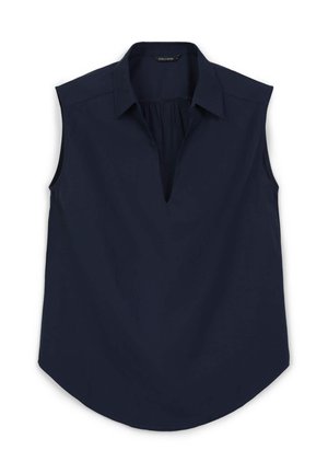 Blouse sans manches bleu marine avec un col et un décolleté en V profond, soigneusement posée à plat avec un ourlet légèrement arrondi.