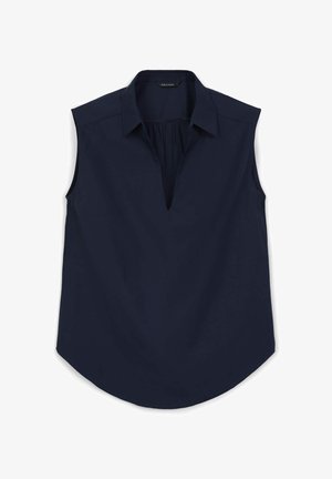Blusa senza maniche blu navy con colletto e scollatura profonda a V, disposta ordinatamente su una superficie piana con un orlo leggermente arrotondato.