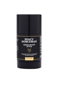 Bâton de déodorant noir avec des accents dorés ; étiqueté "PERCY NOBLEMAN DEODORANT STICK", sans alcool ni aluminium, taille 75 ml.