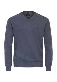 Temno modra V-raglan pulover iz mehkega pletenega blaga, ki ima rebraste manšete in rob, z diskretnim logotipom na prsih.