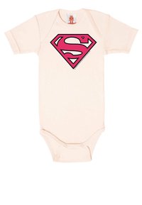 Light pink short-sleeve onesie made of soft fabric featuring a large black and pink Superman logo on the front. Snap closures at the bottom.