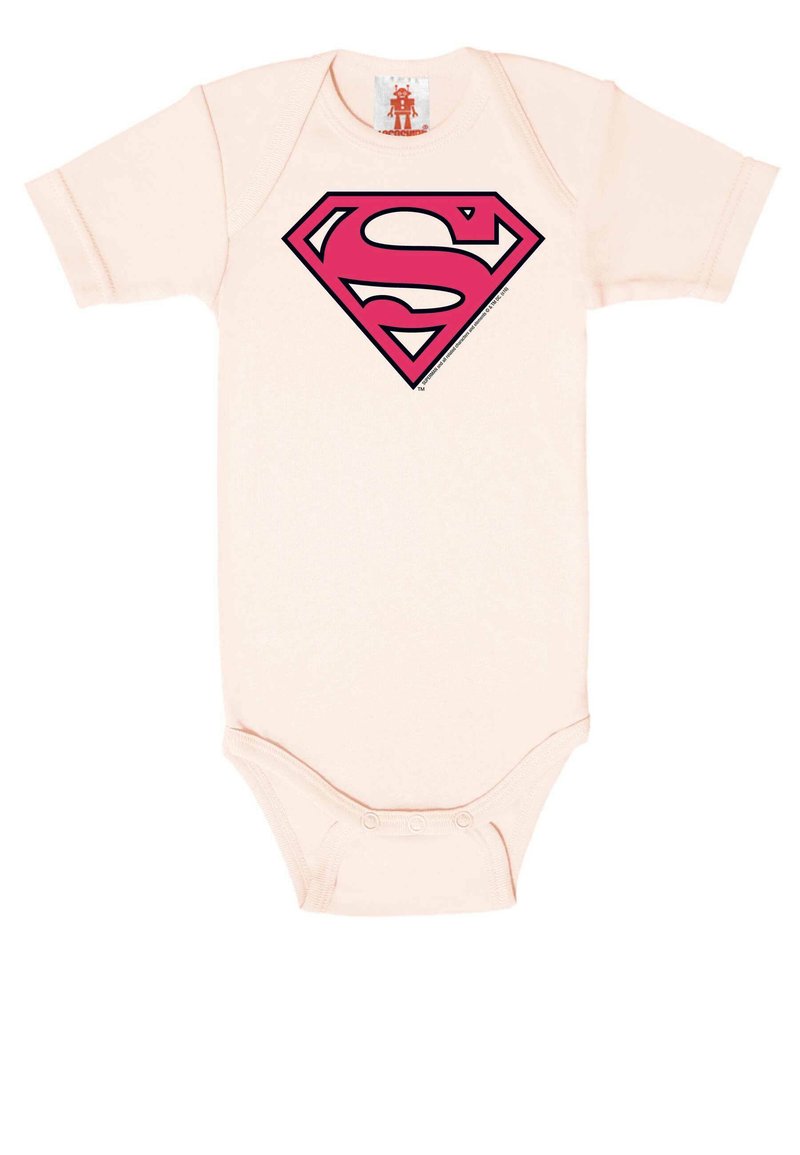 Light pink short-sleeve onesie made of soft fabric featuring a large black and pink Superman logo on the front. Snap closures at the bottom.